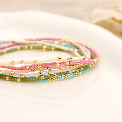 Gold Seed Beaded Bracelets Set for Women, Boho Handmade Friendship Stretch Summer Beach Jewelry Gift. 5