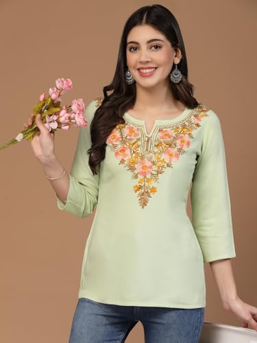 Image of QAZMI Women's Rayon Cotton Straight Keyhole Neck Three-Quarter Sleeves Israa Kashmiri Embriodered Short Kurti