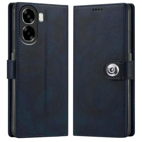 Image of Genuine Leather Inside Back TPU Wallet Button | Magnetic Stand Dual Layer Flip Cover Compatible for Oppo CPH2871 /Oppo K14x 5G - Navy Blue