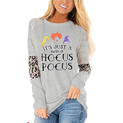 MNLYBABY It's Just A Bunch of Hocus Pocus Hallween T-Shirt Women's Long Sleeve Sanderson Sisters Top Tees, Gray, Small Cover