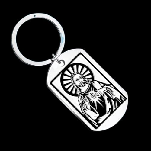 Porte-clés croix de Jésus-Christ acier inoxydable argenté pendentif chrétien