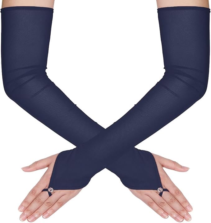 Theaque Women's Long Fingerless Sheer Gloves Tulle Mesh Gloves for Wedding Bridal Opera Party Halloween Costume (Navy, One Size)