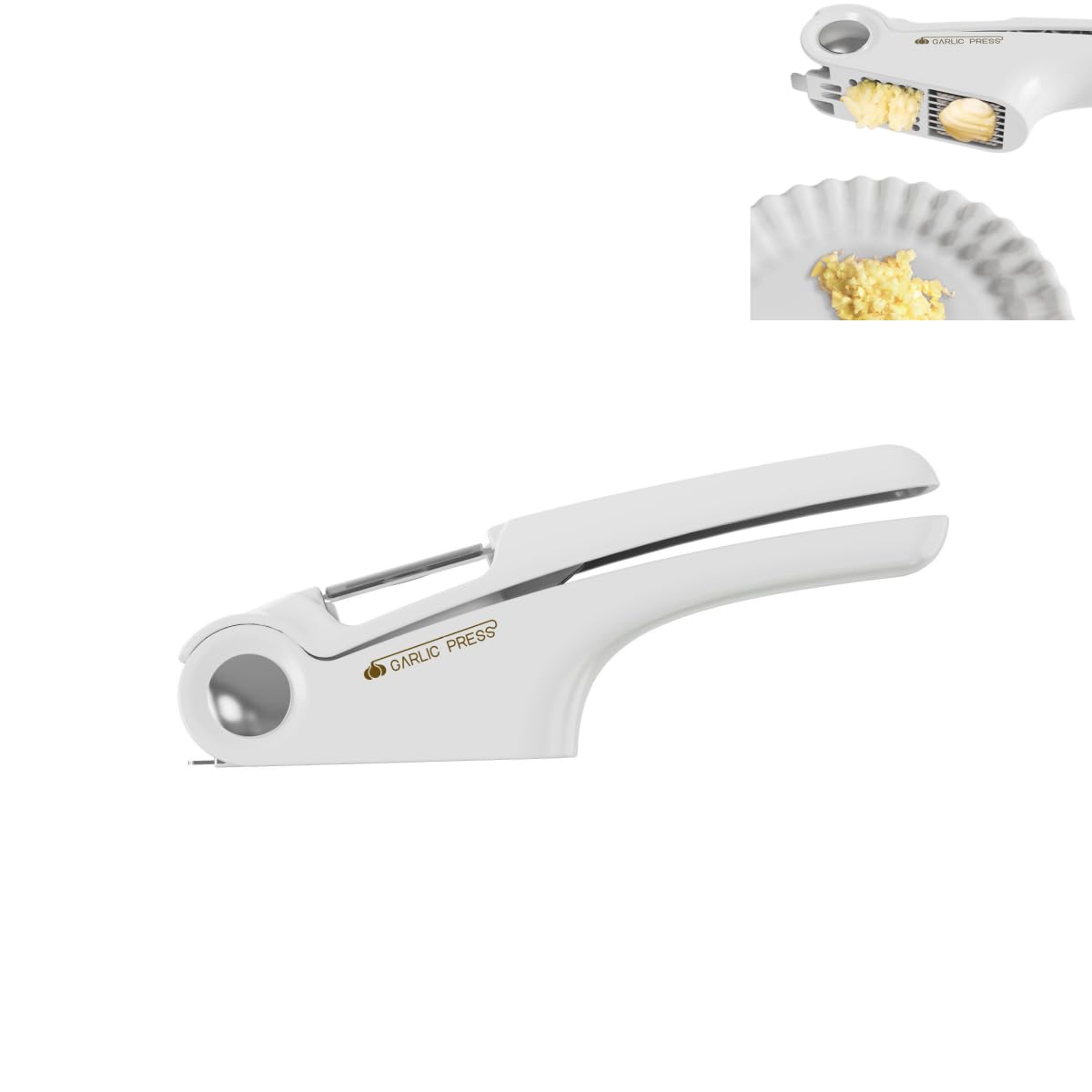 2-in-1-Knoblauchpresse, Knoblauchpresse aus Edelstahl, Knoblauchschäler und Knoblauchreinigungswerkzeug, leicht zu drückender Knoblauchschneider, ergonomischer Griff, rostfrei, Spülmaschinen-Knoblauch