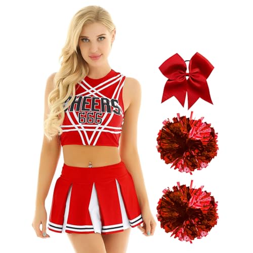 ranrann Femme Déguisement Uniforme de Pompom Girl Débardeur + Mini Jupe Plissée Cosplay Carnaval Halloween Costume S-XXL Rouge S
