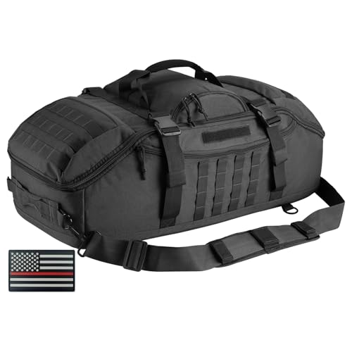 Image of Hannibal Tactical 65L Large Duffle Bag, 3-in-1 Tactical Backpack MOLLE Pack for Workout, Sports, Gym, Outdoor, Black Red Patch