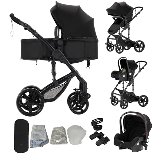 Sianldcone Kinderwagen 3 in 1, Hochwertige Stoffe Kinderwagen Set, Zwei-Wege-Schiebefunktion Reisesysteme, Offene Sicht Kombikinderwagen 3 in 1 Komplettset (588 Black)