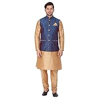 VASTRAMAY Men’s White Cotton Silk Blend Kurta, Ethnic Jacket and Pyjama Set