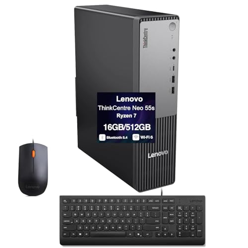 Image of Lenovo ThinkCentre Neo 55s Business Mini Desktop with AMD Ryzen 7 250 | (16GB DDR5, 512GB PCIe SSD, AMD Radeon 780M, WiFi 6, Bluetooth 5.4, 200W PSU, 1 Display Port, RJ-45, 1 x HDMI 2.1, Win11P)