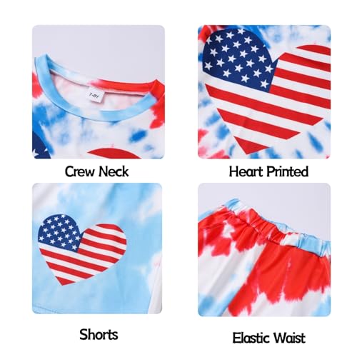 Image of 7-14Y Tween Girl Clothes 2 Piece Short Sleeve Tie Dye Heart Print Top and Shorts Teen Girl Summer Outfits Short Set