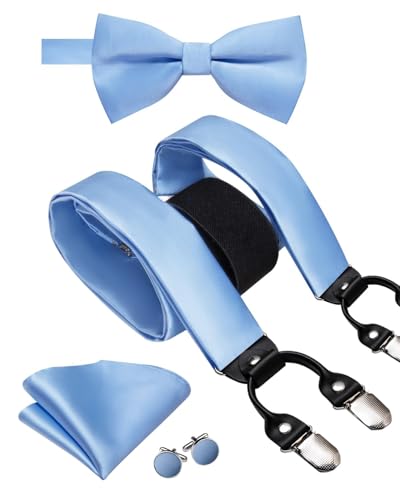 Image of Hi-Tie Men Suspender Bowtie Set Suspenders Pre-tied Bow Tie Pocket Square Cufflinks Adjustable Y Shape 6 Clips Braces Tuxedo