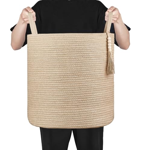 Mkono Tall Wicker Laundry Basket Woven Storage Basket Decorative Natural Rope Basket Wooden Bead Decoration for Blankets,Toys,Clothes,Shoes,Plant Organizer Bin with Handles Living Room 15"Wx17.7"L by Mkono - Image 5