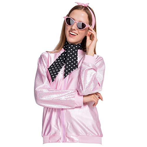 50s Pink Coat Halloween Costumes Lady with 2 Neck Scarf and Cateye Glasses for Women Role-Playing and Fancy Dress Props (Medium)
