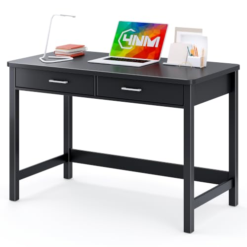 Image of 4NM 39.4 inch Small Desk with Wood Drawers, Home Office Computer Desk with Wooden Legs, Study Writing Table Vanity Desk for Small Spaces - Black
