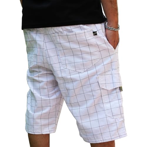 Bermuda Masculina Cargo Sarja Quadriculada Xadrez Bolsos Laterais (50, Branco)