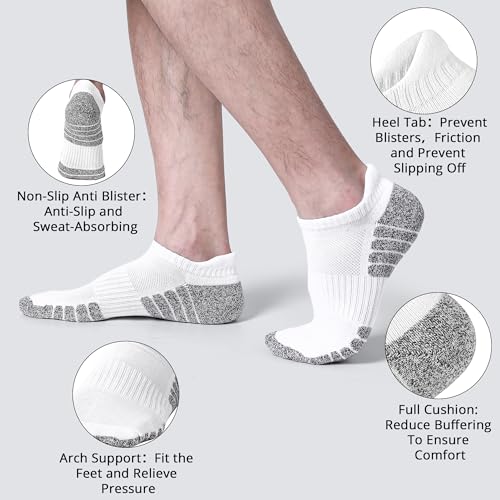 Cotton Cushioned Low Cut Running Socks for Men & Women, Ankle Socks White 6 Pairs Arch Support Breathable3
