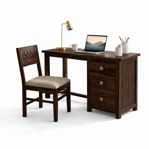 Image of Solid Sheesham Wood Study Table with 3 Drawers & Chair Set - Dark Walnut Finish Writing Desk for Home Office, Bedroom & Study Room, Durable Wooden Computer Desk with Storage