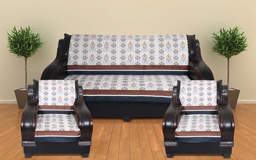 Image of 5 Seater Sofa Cover | Universal Non-Slip Fully Covered Protector for 3+1+1 Sofa Set | Durable Slipcover for Living Room Classic Heritage (Beige-Brown Charm)