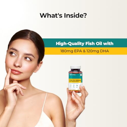 Image of PharmEasy Omega 3 Fish Oil 1000mg Softgel Capsules with 180mg EPA & 120mg DHA for Men & Women, Supports Heart, Brain, Eye & Joint Health, Pack of 60