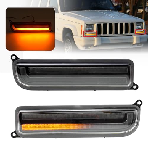 2PCS Sequential LED Front Turn Signal Lights for 1997-2001 Jeep Cherokee XJ - Amber LED Bumper Signals, White Parking, Front Corner Side Marker Lamps - OEM Replacement 55055142 Clear Lens