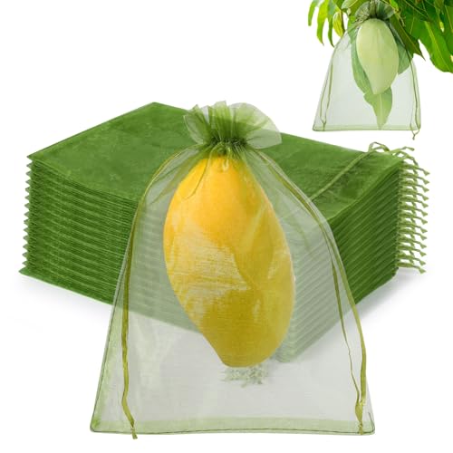 Image of Hopttreely 100pcs Sheer Organza Bags, 6x9 inch Olive Green Large Mesh Jewelry Pouches Christmas Drawstring Gift Bag, Fruit Protection Bags