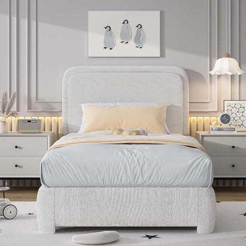Image of BarnFurin Twin Bed Frame, Cloud Boucle Headboard, Rounded Corners, White