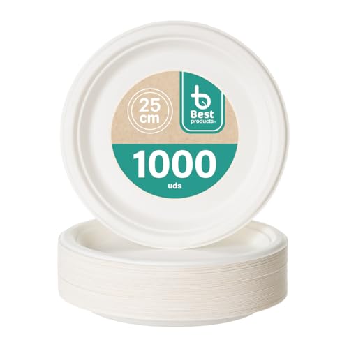 BEST PRODUCTS - 1000 Platos Caña de Azúcar Desechables Ecológicos Biodegradables Compostables y Reciclables Para Fiestas Cumpleaños Comuniones Redondos Llanos Ø 25 cm