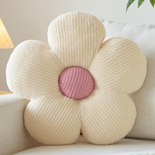 Ddliury Flower Pillow, Decorative Throw Pillow for Couch, Cute Decor Pillows for Bed, Aesthetic Flower Shaped Pillow Fun Cushion (Ivory White, 14.9 Inches)