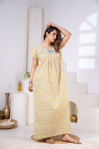 Image of DIAMO Pure Cotton Designer Nighty for Women | Night Gown | Nightdress | Maxi Nighty | Sleepwear | Jaipuri Nighty | Nighties | Cotton Night Gown for Women /Girls with Jaipuri Block Print