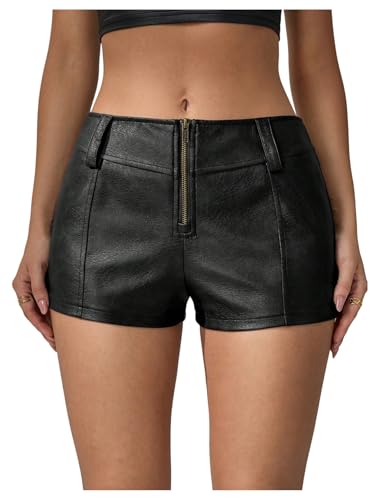 Floerns Women's Y2k Mini Shorts Zip Up Low Waist PU Leather Music Festival Hot Pants Black Tall-M