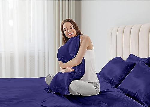 Image of Soft and Silk Satin Bedsheet for Single Bed - 400 TC Romantic Bedsheet Set for Bedroom | Bridal Wedding Bedsheet with Pillow Cover | Ideal for Gifting Navy Blue, Single Bed