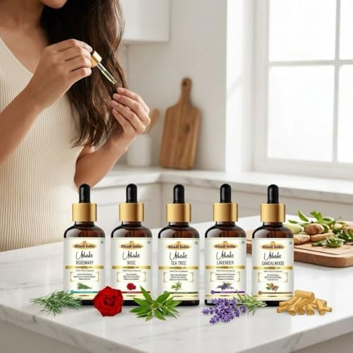 Image of Khadi Utkrisht Premium Essential Oils Combo of 5 - Rosemary, Tea Tree, Lavender, Rose & Sandalwood for Hair Growth, Skin Care & Aromatherapy | 100% Pure Natural Essential Oil Combo for Diffuser & Massage - Pack of 5