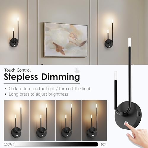 Image of Aipsun Black Battery Operated Wall Sconce Set of 2, Wireless Sconces Modern LED 3000K Rechargeable Wall Sconce Dimmable Battery Wall Light for Living Room,Bedroom