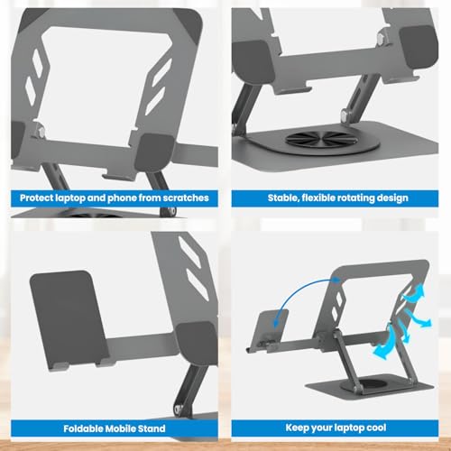 Image of Dyazo 360 2-in-1 Laptop Stand with Detachable Mobile Holder | Multi Adjustable Height & Angle, Foldable Metal Design with Cooling Vents | Compatible for MacBook, HP, Dell, Acer, Lenovo & More (Grey)