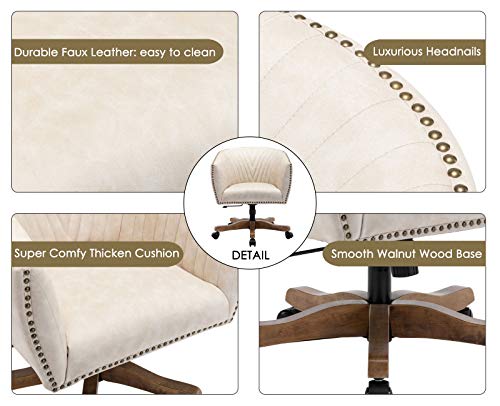 Guyou Retro Barrel Swivel Home Office Desk Chair For Heavy Duty, Upholstered Ergonomic Accent Arm Chair With Luxurious Nailheads And Pleated Mid-Back, Beige In Faux Leather #TOP3