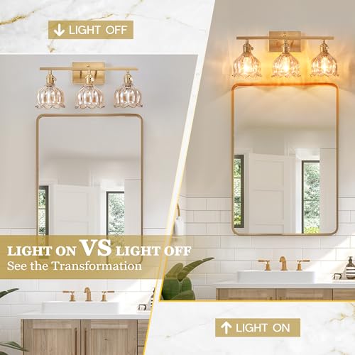 Image of 3-Light Amber Tulip Glass Vanity Light, Brushed Gold Vintage Bathroom Wall Sconce, 19.4 inch Antique Brass Hardwired Wall Lamp for Mirror, Powder Room, Bedroom (Individual Switches, Bulbs Not Included)