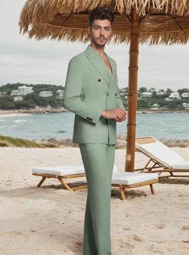 Mens Linen Suit 2 Piece, Mens Double Breasted Suit Tuxedo Slim Fit Linen Suits for Men Wedding Prom Summer Beach 5