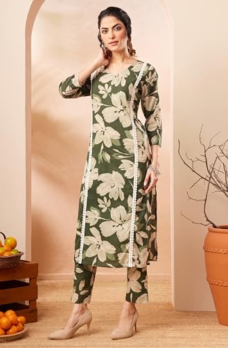 Image of Janasya Women's Olive Pure Cotton Floral Printed Straight Kurta Pant Set