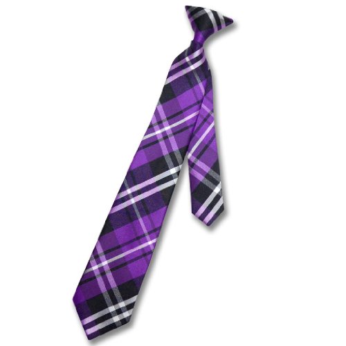 Vesuvio Napoli Boy's CLIP-ON NeckTie PURPLE BLACK WHITE PLAID Youth Neck Tie