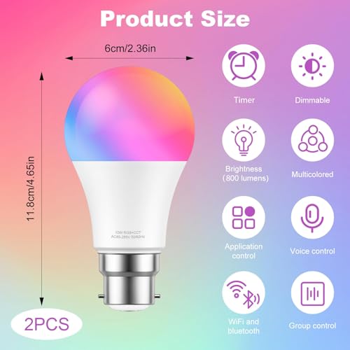 Smart Bulb Bayonet B22, 2 Pack 10W 800LM Colour Changing WiFi Light Bulb RGB Dimmable Warm White LED Lightbulb App or Voice Control Works with Alexa and Google Home Assistant 2700K-6500K - Image 4