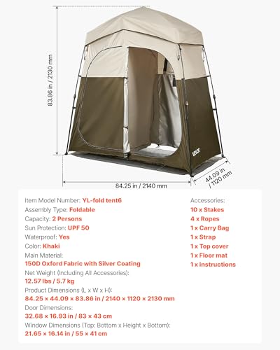 VEVOR Camping Shower Tent, toldo portátil plegable de privacidad con 2 habitaciones, 150D Oxford con recubrimiento plateado, para camping, playa y pesca miniatura 7