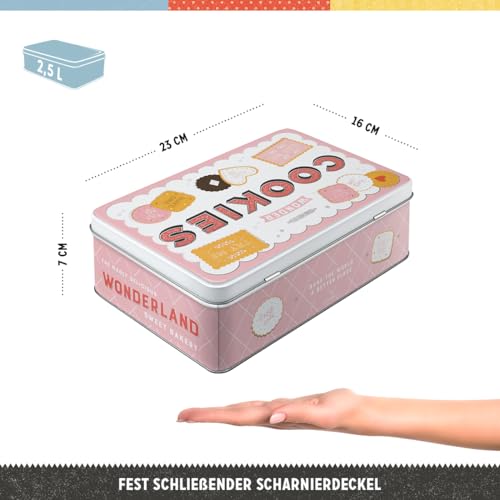 Nostalgic-Art Retro Vorratsdose Flach, 2,5 l, Wonder Cookies – Geschenk-Idee für Naschkatzen, Keksdose mit Deckel, Vintage Design, Kaffee-Deko