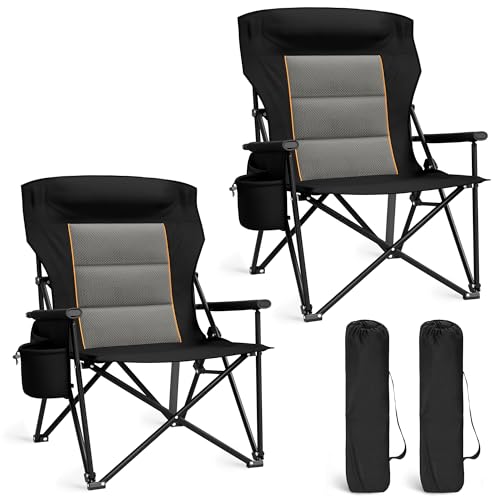 ALPHA CAMP Heavy Duty 550LBS Padded Camping Chairs with Lumbar Support,2PC | Oversized, Steel Frame, Cooler Bag,Sturdy, Head&Back support,Cup holder,Carry Bag,Pocket, Easy to set up,Storage, Assembly