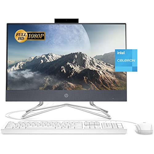 Image of HP 2022 AIO Desktop, 21.5 inch FHD Display, Intel Celeron G5905T Processor, 12GB RAM, 256GB PCIe SSD, Webcam, DVD-RW, Wi-Fi, HDMI, Bluetooth, Wired KB and Mouse, Windows 11 Home, Blue