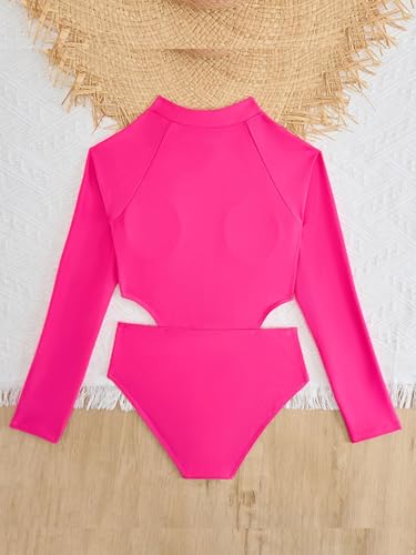 Kids Girls One Piece Hot Spring Beach Swimsuit Color Block Long Sleeve Cutout Zipper Bikini Swimwear4