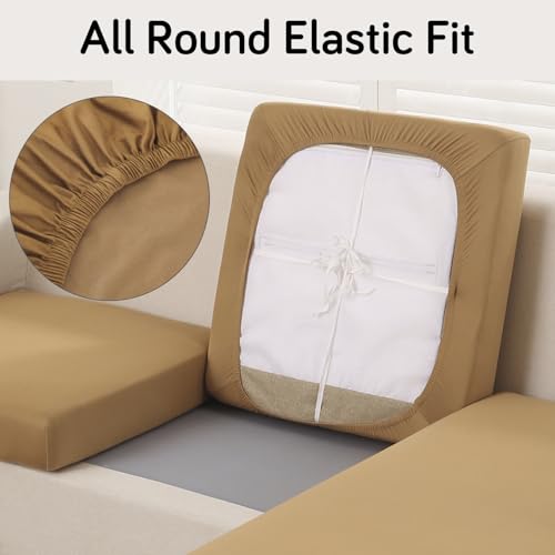 Image of HOKIPO 100% Waterproof Stretchable Elastic 140gsm Sofa Cushion Seat Cover, 2-Piece Seat Cushion Cover, Camel (AR-5352-CML*2)