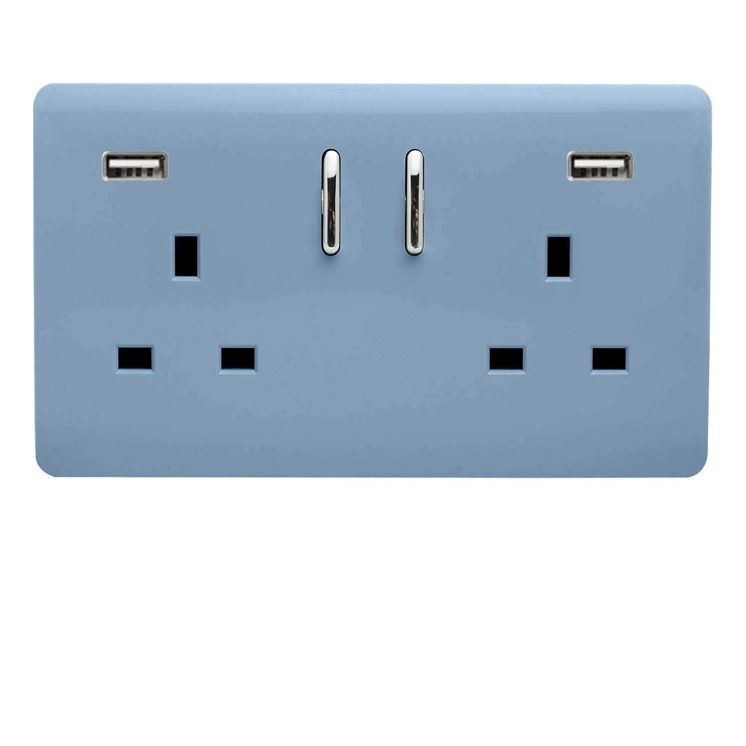 Trendi 2 Gang Artistic Modern Glossy 13 Amp 2 x 3.1mA USB Switched Plug Socket Sky, Blue