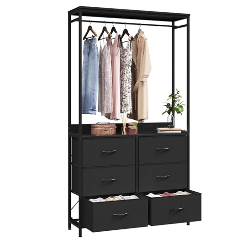 Image of DRAWERHOM 6 Dresser Drawer with Hanging Rack, 2-in-1Tall Dresser for Bedroom/Closet, Fabric Dressers & Chests of Drawers, Sturdy Alloy Steel Frame, Space Saving Closet Organizer