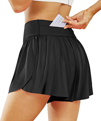 AUTOMET Womens Skirt Shorts Butterfly Flowy Summer Athletic High Waisted Workout Running with Zipper Pockets Gym Tennis Skirts Black