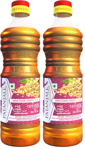 Image of Patanjali Pure Sesame Til Oil 1L - Cold Pressed Natural Edible Cooking & Massage Til Oil | 100% Pure | No Additives | 100% Vegetarian | For Cooking & Frying Use (Pack of 2)