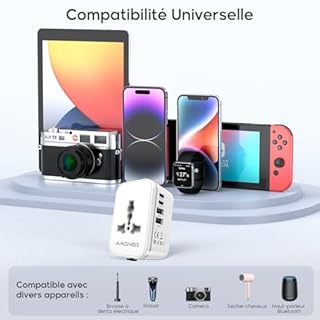 Amoner Adaptateur Prise Universelle Voyage International - 5 in1 Travel Adapter Internationale avec 2 USB 2 USB-C et 1 AC Chargeur France vers UK Allemagne Japon Srilanka Italie Europe USA